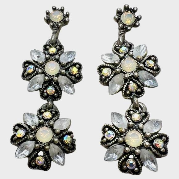 Earrings Dangle Rhinestones AB Color Accents Antiqued Silver Tone Romantic Boho - Picture 4 of 8